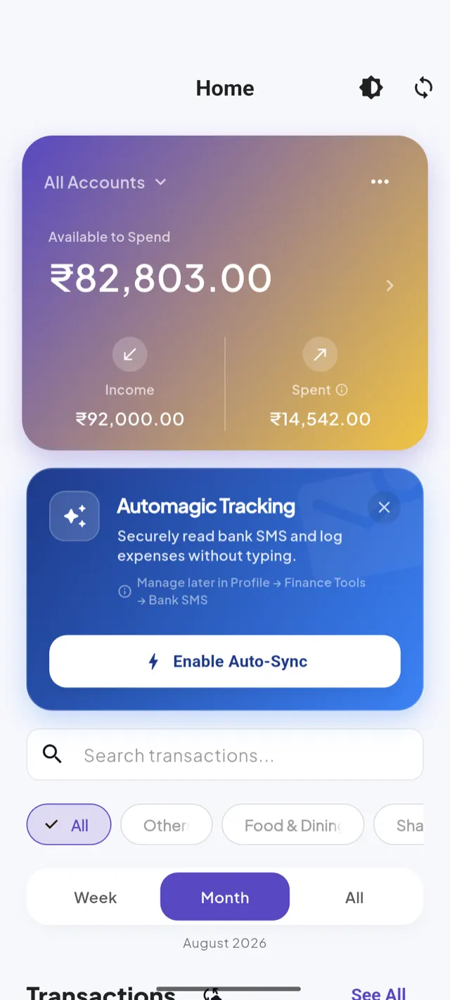 Splitiva home screen with a timeline of automatically logged expenses